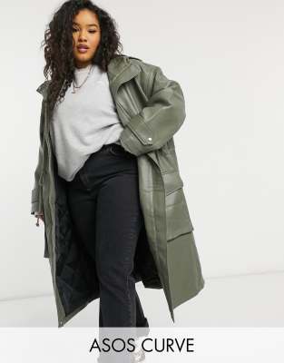 Oversized-парка из искусственной кожи на стеганной подкладке цвета хаки ASOS DESIGN Curve-Зеленый