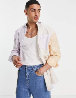 Рубашки с принтами Oversized-рубашка А-силуэта в пастельную полоску пэчворк ASOS DESIGN-Желтый
