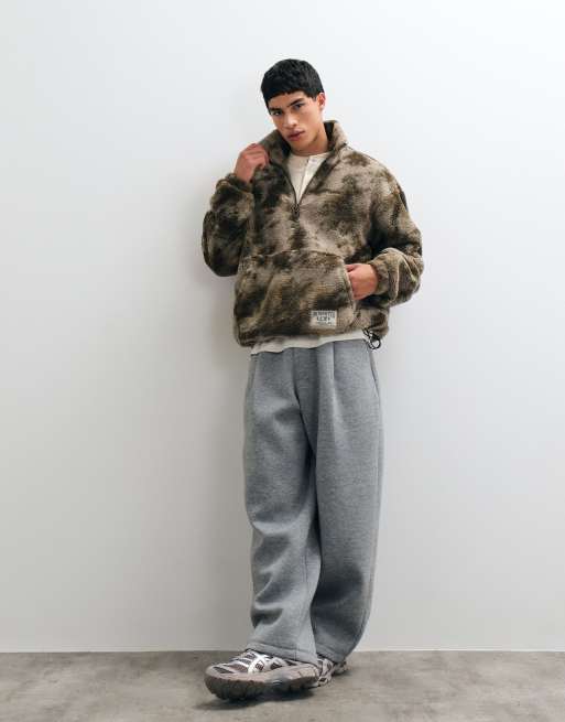 Oversized sherpa fleece met halve rits en patroon in gedempt kaki, 2 van 5