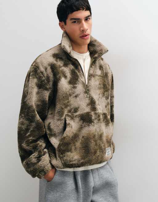 Oversized sherpa fleece met halve rits en patroon in gedempt kaki, 5 van 5