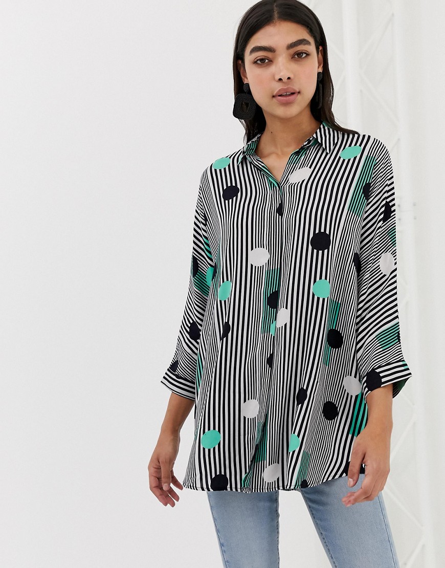 Oversized skjorte med lange ærmer i prikket og stribet print fra ASOS DESIGN-Multifarvet