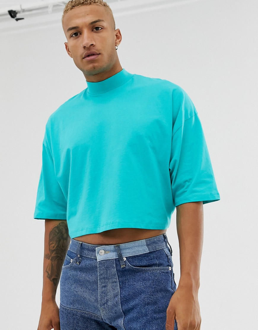 Ovresized blå croppet t-shirt med mellemlange ærmer og høj hals fra ASOS DESIGN