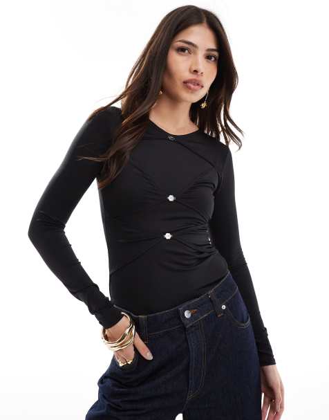 OW Collection Chiara Long Sleeve Bodysuit in Black - view 1
