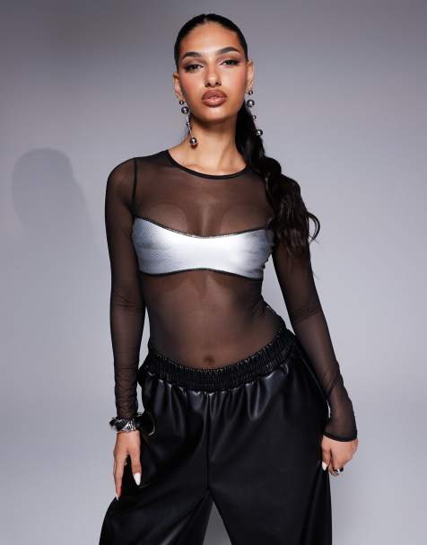OW Collection croc mesh long sleeve bodysuit in black and silver - view 1