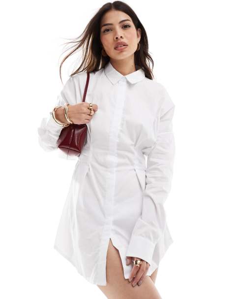 OW Collection Ella Long Sleeve Mini Shirt Dress in White - view 1