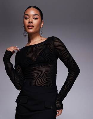 OW Collection - Eva - Bluse aus Netzstoff in Schwarz