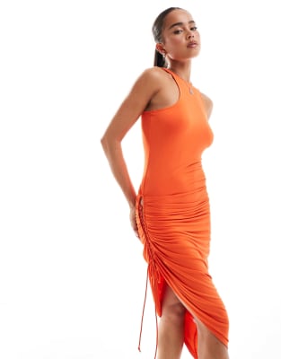 OW Collection - Gerafftes Neckholder-Kleid in Orange-Rot