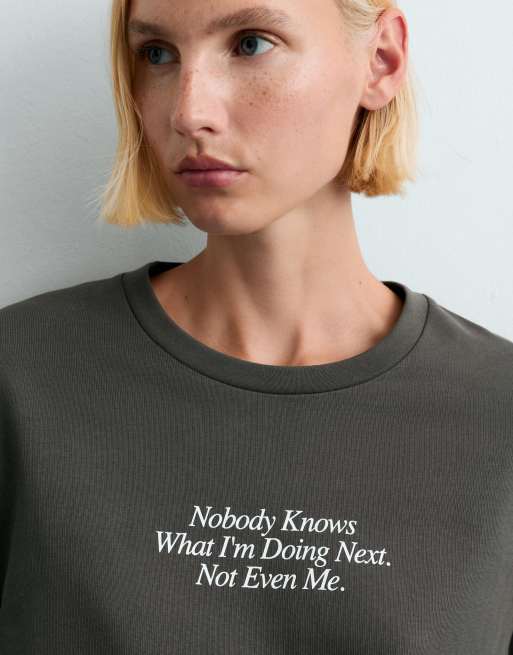 OYSHO 100% Baumwolle langärmliges T-Shirt mit Text in Grau, 3 von 5
