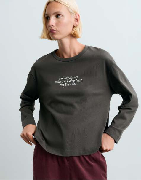 OYSHO 100% bomuld langærmet T-shirt med tekst i grå - view 1