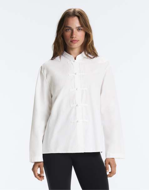 OYSHO 100% cotton button-up stand-up collar shirt in white - view 1