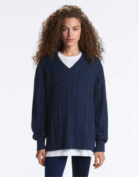 OYSHO 100% cotton cable knit v-neck jumper in navy - view 1