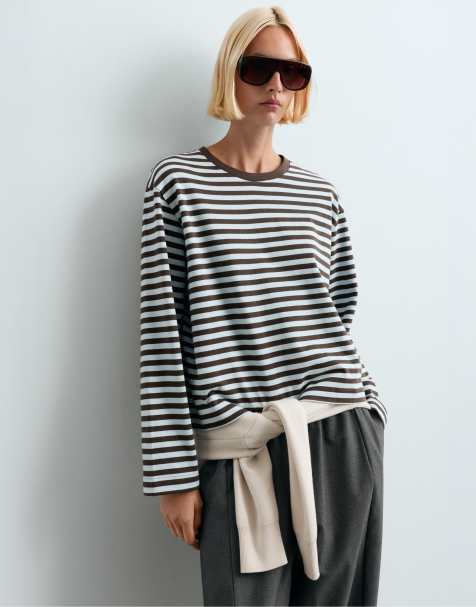 OYSHO 100% cotton long sleeve t-shirt in brown and blue - view 1