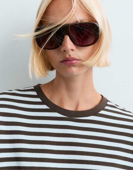 OYSHO 100% cotton long sleeve t-shirt in brown and blue, 3 of 5
