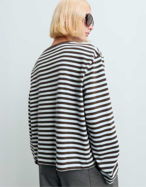 OYSHO 100% cotton long sleeve t-shirt in brown and blue, 4 of 5