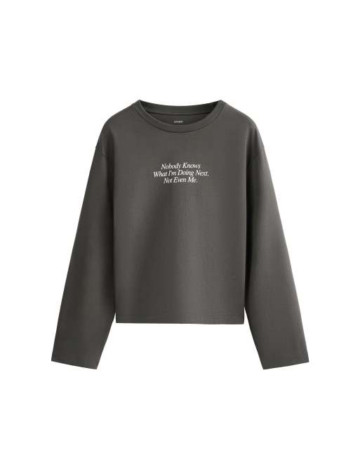 OYSHO 100% cotton long sleeve t-shirt with text in grey, 5 of 5