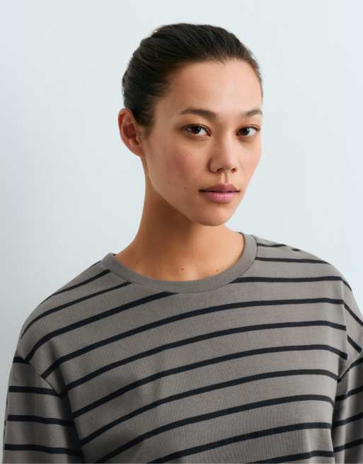 OYSHO 100% cotton long-sleeved t-shirt in grey and black, 3 of 5