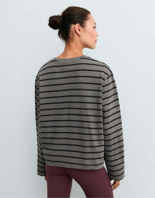 OYSHO 100% cotton long-sleeved t-shirt in grey and black, 4 of 5