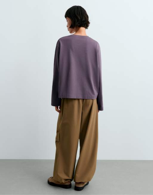 OYSHO 100% cotton long-sleeved t-shirt in purple, 4 of 5
