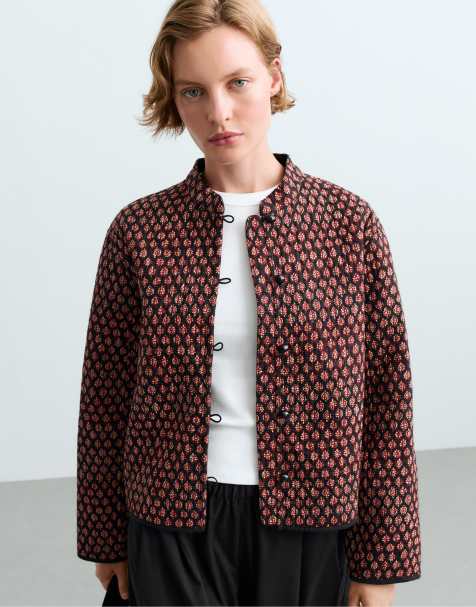 OYSHO 100% cotton quilted mandarin collar jacket in maroon - view 1