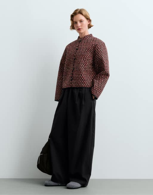 OYSHO 100% cotton quilted mandarin collar jacket in maroon, 2 of 7