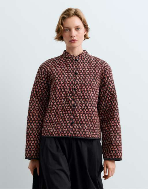 OYSHO 100% cotton quilted mandarin collar jacket in maroon, 3 of 7