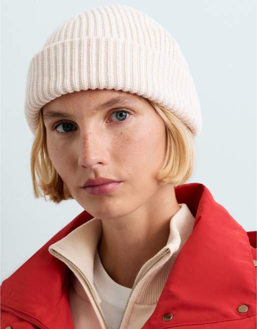 OYSHO 100% cotton ribbed beanie in ecru, 3 of 4