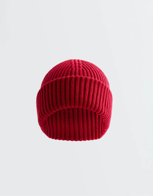 OYSHO 100% cotton ribbed beanie in red, 4 of 4