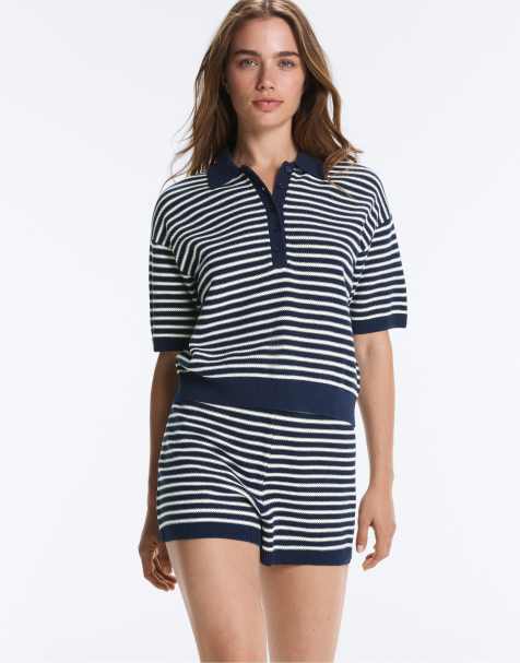 OYSHO 100% cotton striped knit polo shirt in navy