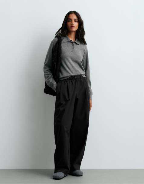 OYSHO 100% cotton tapered trousers in black