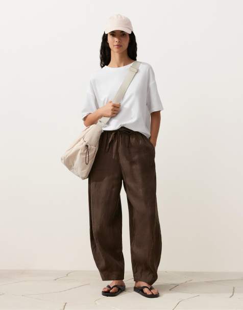 OYSHO 100% linen balloon trousers in brown - view 1