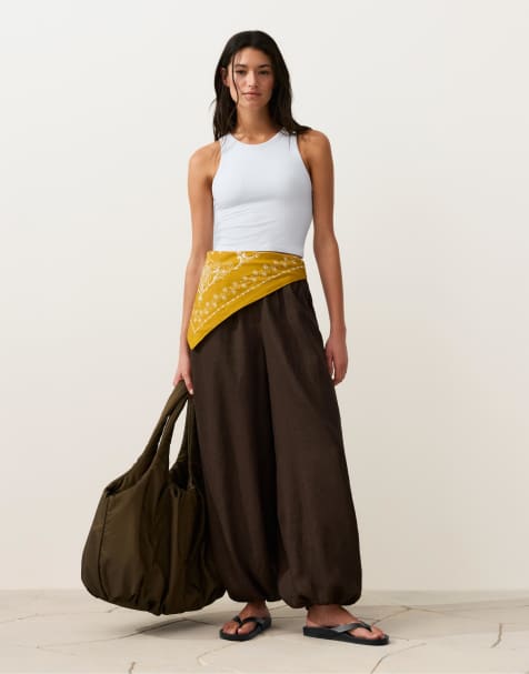 OYSHO 100% linen bloomer trousers in brown - view 1