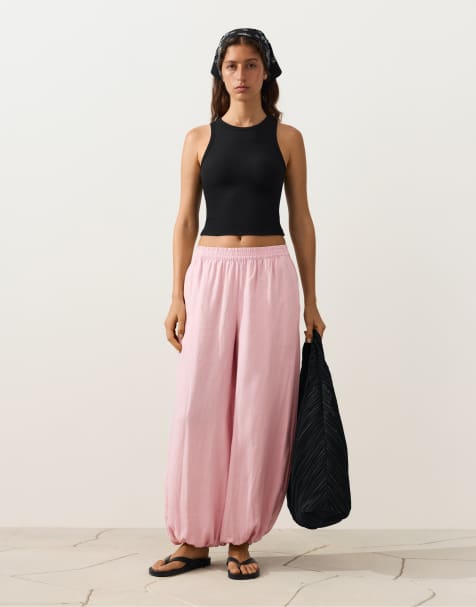 OYSHO 100% linen bloomer trousers in pink - view 1