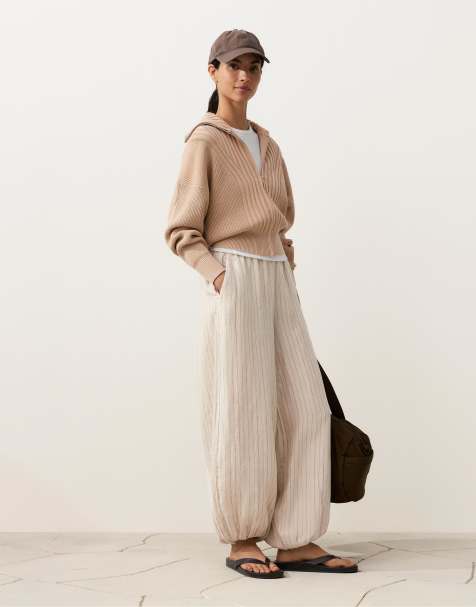 OYSHO 100% linen bloomer trousers in sand melange