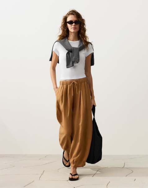 OYSHO 100% linen pleated balloon trousers in mustard