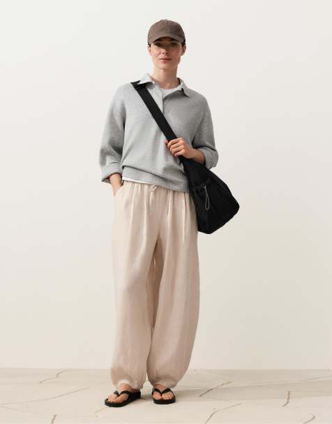 OYSHO 100% linen pleated balloon trousers in sand melange - view 1