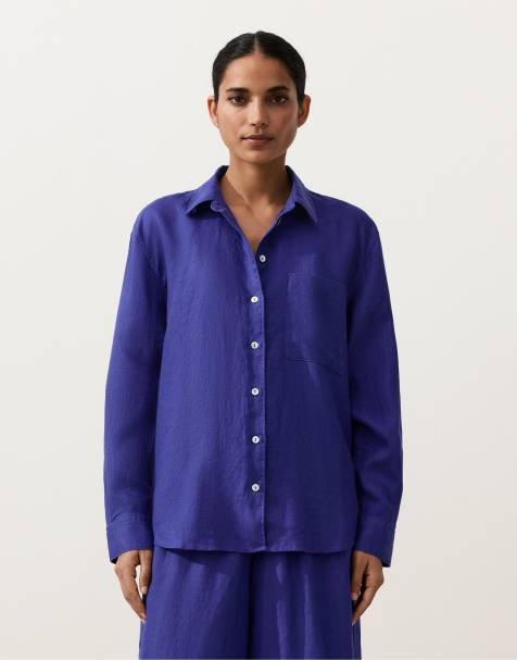 OYSHO 100% linen relaxed shirt in cobalt - view 1