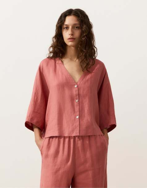 OYSHO 100% linen short-sleeve shirt in coral - view 1