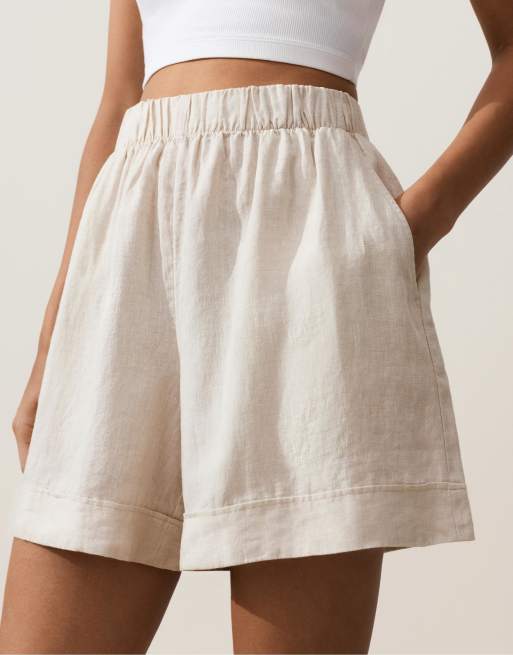 OYSHO 100% linen shorts in sand melange, 3 of 4