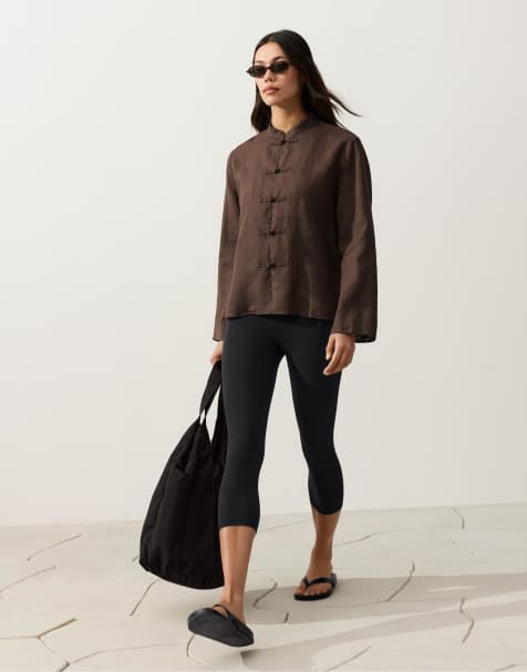 OYSHO 100% linen stand-up collar jacket with buttons in brown - view 1