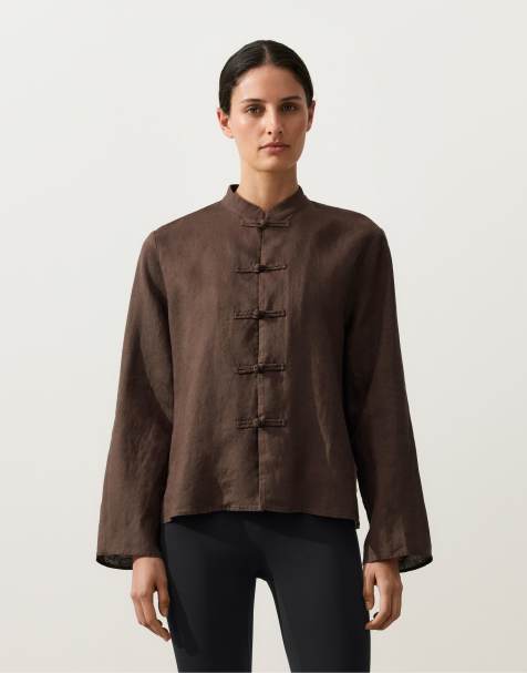 OYSHO 100% linen stand-up collar jacket with buttons in brown - view 1