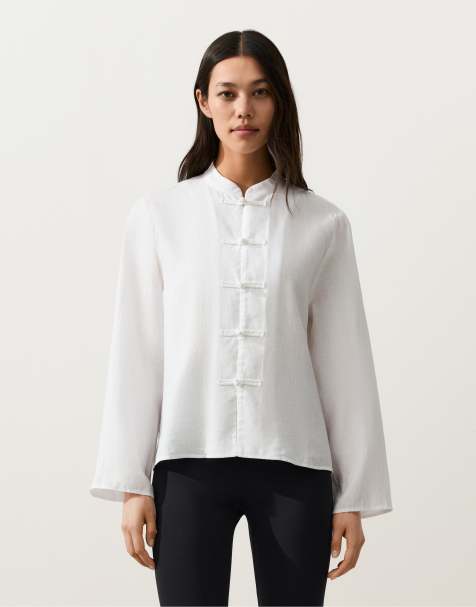 OYSHO 100% linen stand-up collar jacket with buttons in off-white - view 1