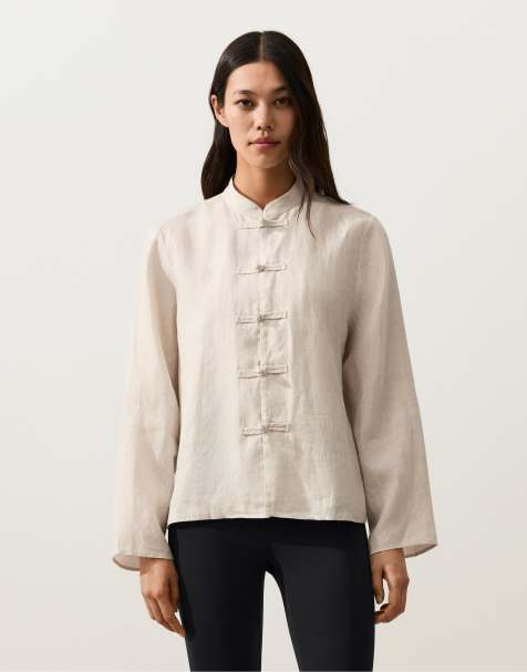 OYSHO 100% linen stand-up collar jacket with buttons in sand - view 1