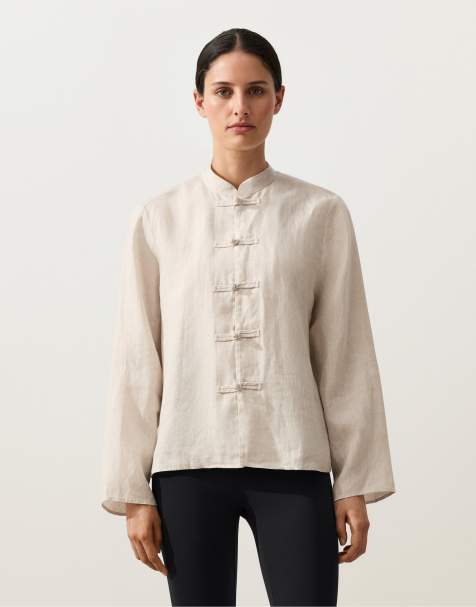 OYSHO 100% linen stand-up collar jacket with buttons in sand - view 1