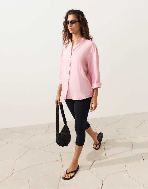 OYSHO 100% linen stand-up collar shirt in pink - view 1