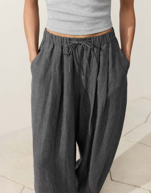 OYSHO 100% linen striped balloon trousers in dark anthracite, 3 of 4