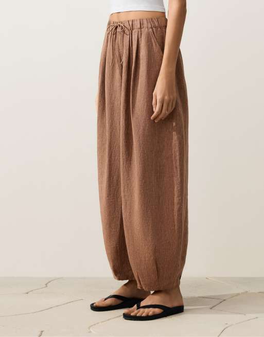 OYSHO 100% linen striped balloon trousers in tan melange, 2 of 4