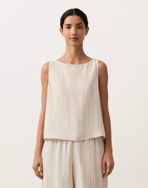 OYSHO 100% linen striped square top in sand melange - view 1