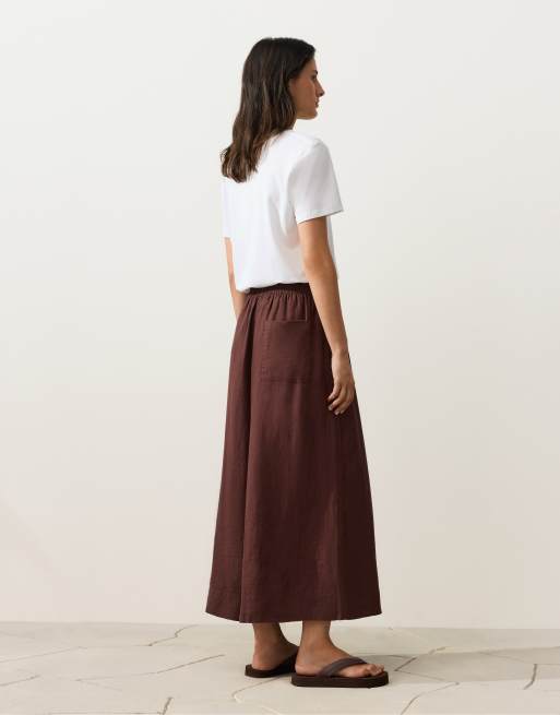OYSHO 100% linen super wide-leg cropped trousers in brown, 4 of 4