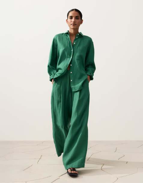 OYSHO 100% linen wide leg trousers in green