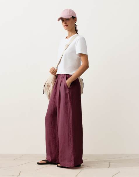 OYSHO 100% linen wide leg trousers in purple
